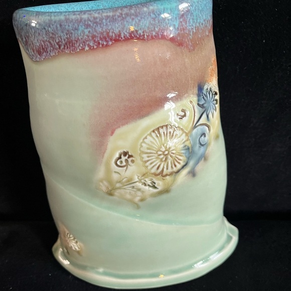 Pottery Vase CS Artisan Stamped Blue/Green/Brown 3D Floral accents. 8” H - Picture 3 of 11